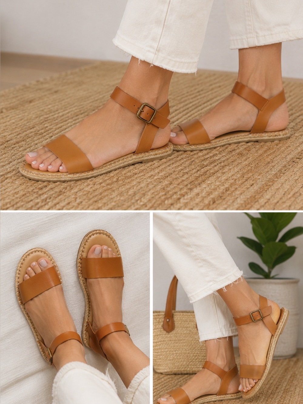 SOLUDOS Tan Leather Espadrille Flat Sandals Ankle Strap Minimalist Size 8.5